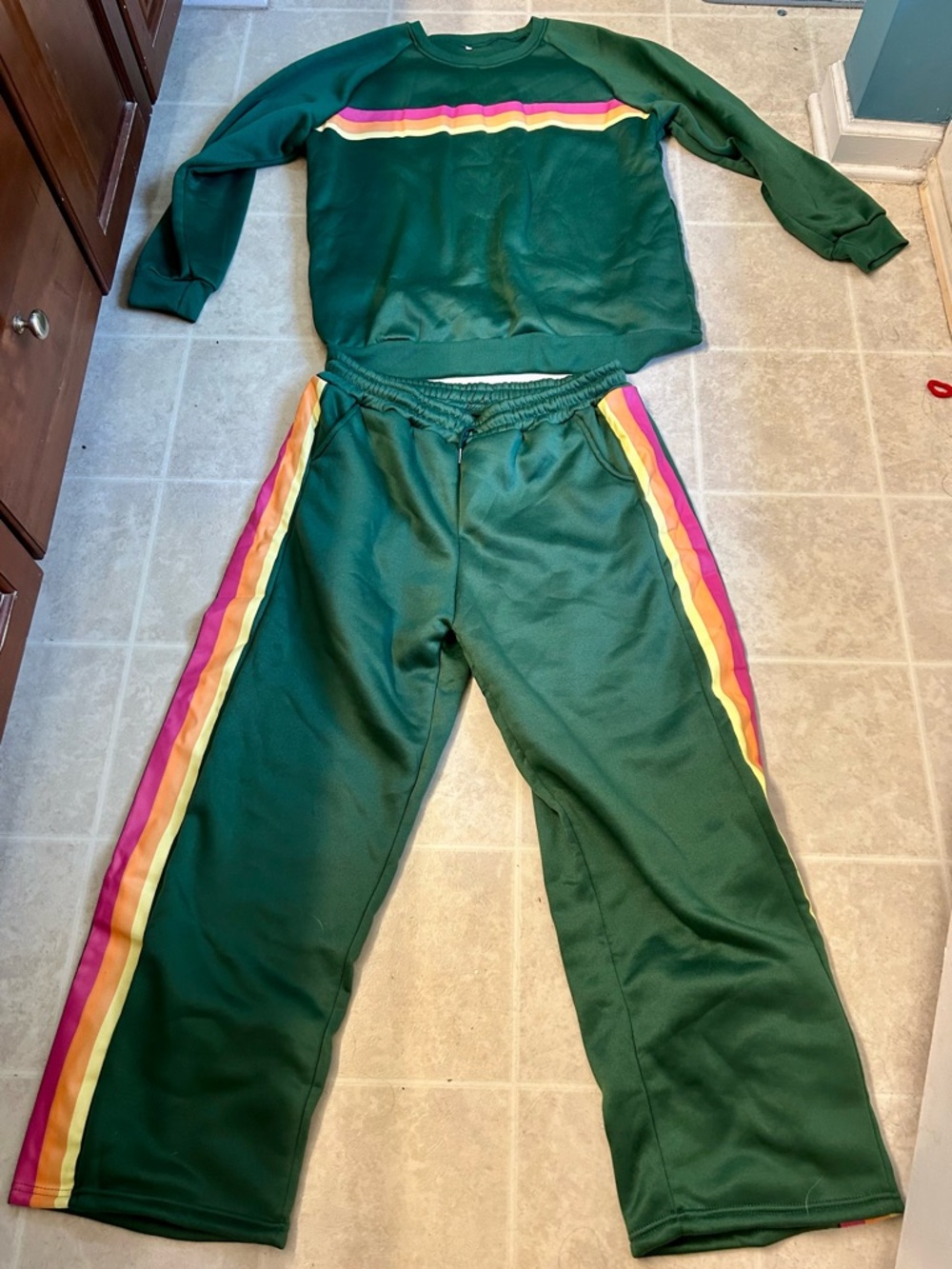 NWOT Green Two-Piece Track Set with Pink and Yellow Stripes